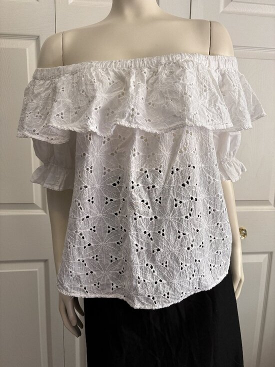 Umgee Tops - Umgee White Eyelet Off Shoulder Boho Top Medium Ruffle Sleeve Blouse